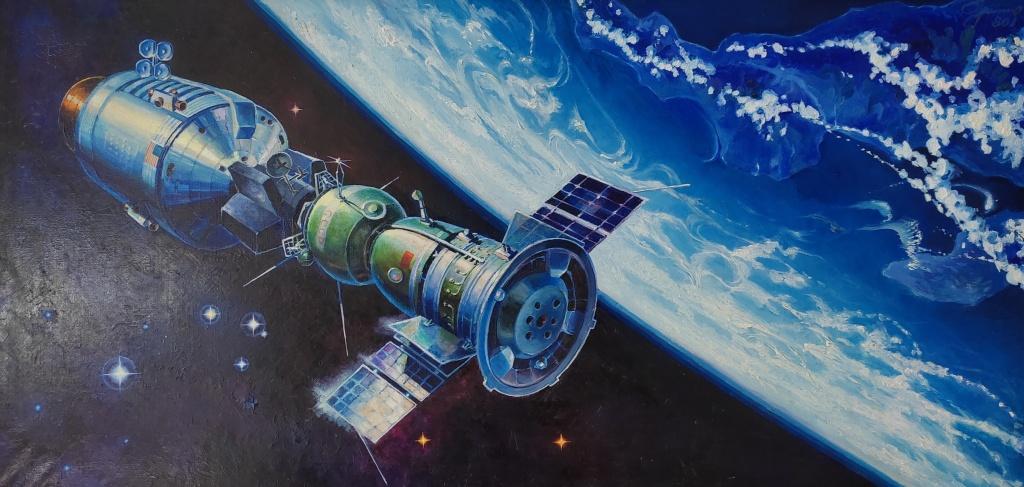 La Soyuz y la Apolo, tal como las pintó su comandante Leónov en 1980