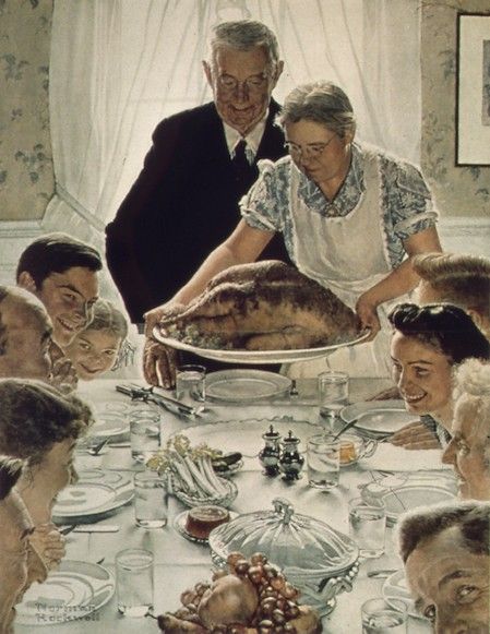 La cena de Acción de Gracias, en una de las ilustraciones más célebres de Norman Rockwell (1894-1978).